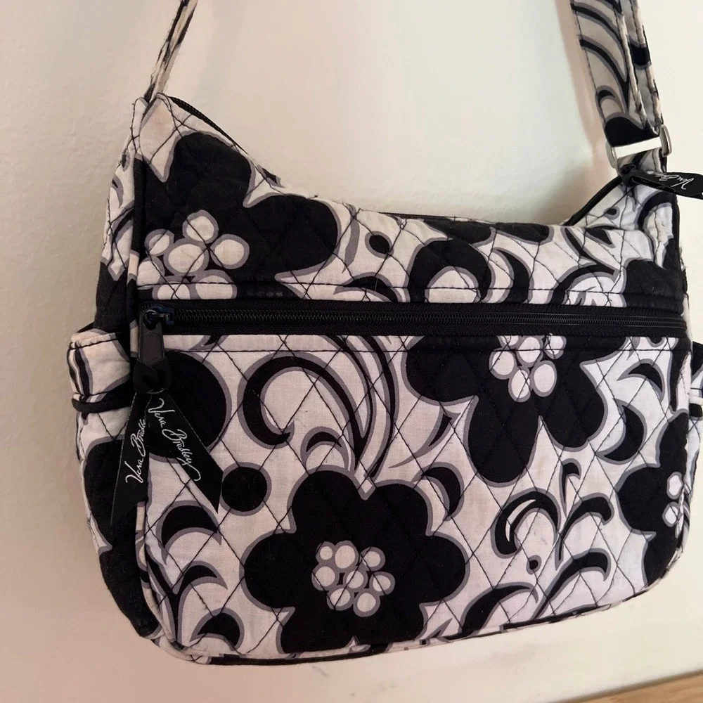 Vera Bradley Night and Day Quilted Floral Crossbody Bag Black White Shoulder Bag